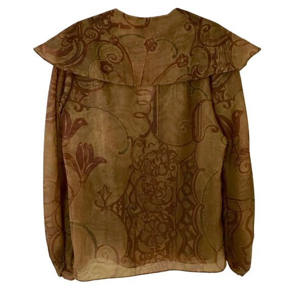 VIE by Victoria Royal Sheer Gold-Brown Tone with Floral Print Long Sleeve Blouse - Picture 2 of 6